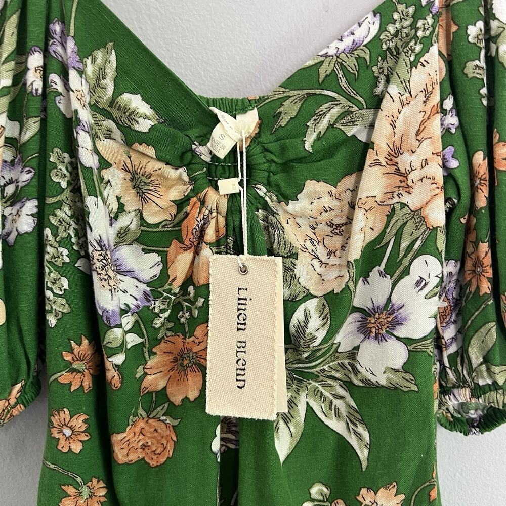 NWT Sim & Sam Dress Linen Blend Floral Sz S Ruffled Babydoll Vacation Green Boho - Picture 10 of 15